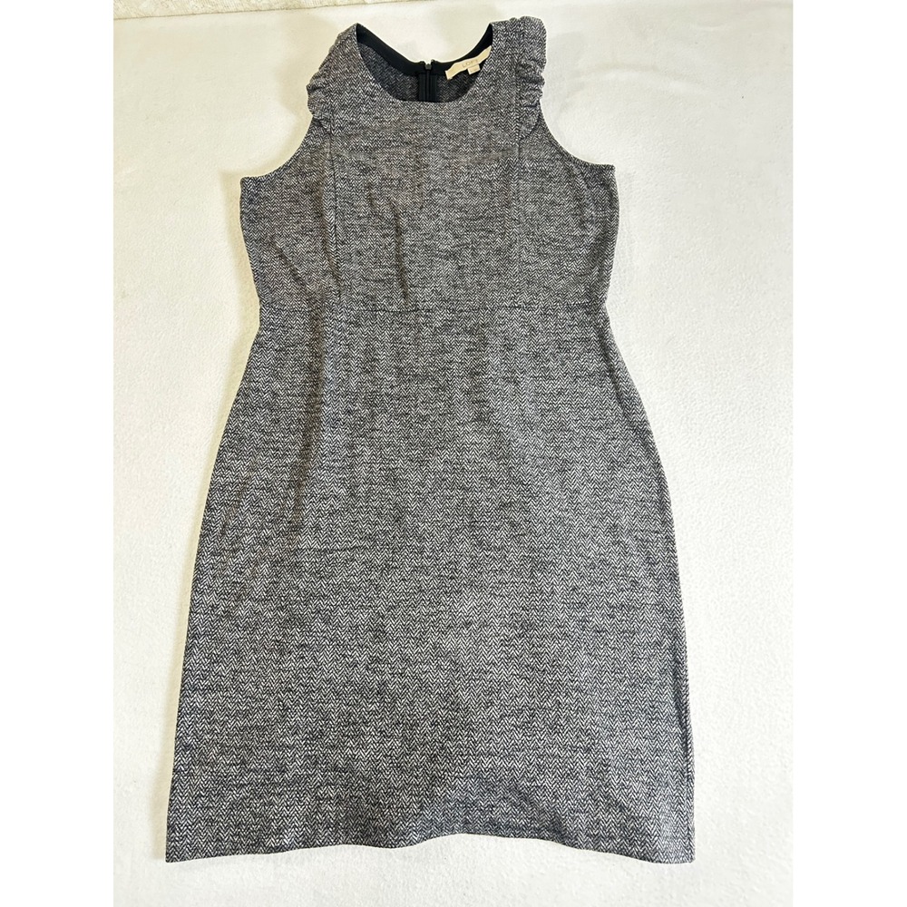 LOFT Womens Herringbone Ruffle Shoulder Sheath Dress Black White Size 6 444828